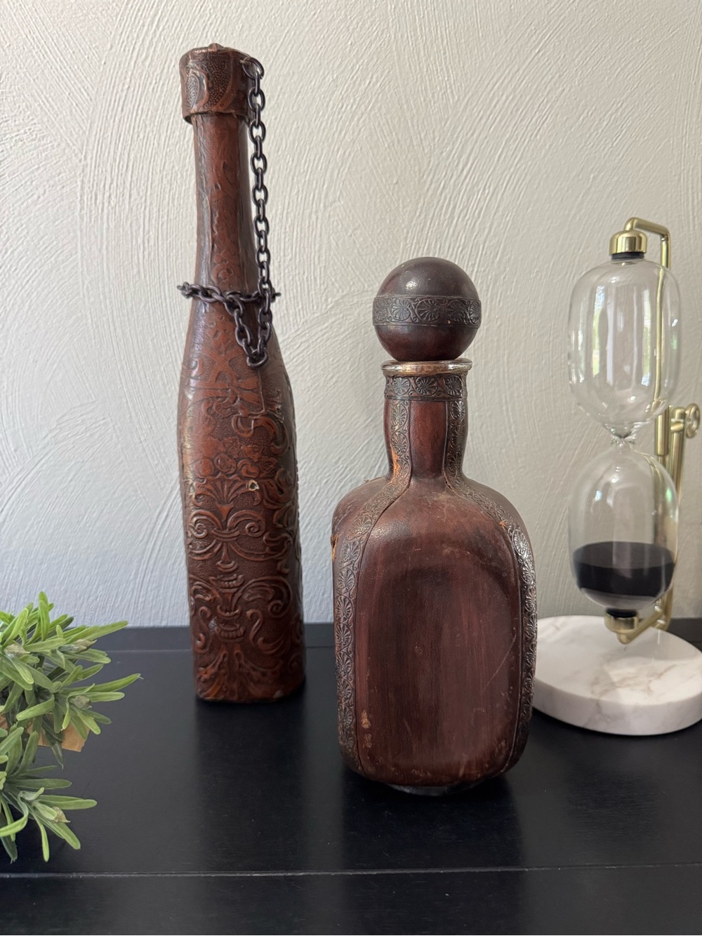 Vintage leather wrapped glass decanters - Picture 3 of 13